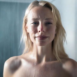 A blonde woman standing in a shower, with water cascading down her hair and shoulders