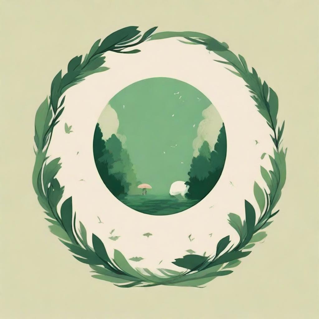 Create a circular logo in the style of Studio Ghibli, featuring naturalism themes