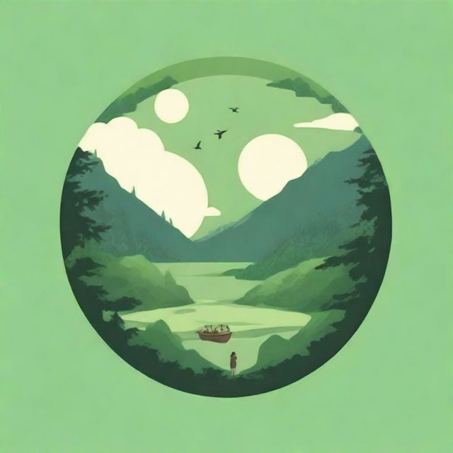 Create a circular logo in the style of Studio Ghibli, featuring naturalism themes