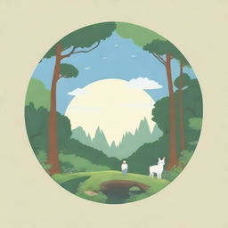 Create a circular logo in the style of Studio Ghibli, featuring naturalism themes