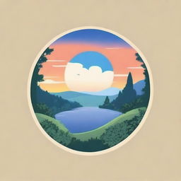 Create a circular logo in the style of Studio Ghibli, featuring naturalism themes with a blue sky and sunrise vibe