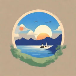 Create a circular logo in the style of Studio Ghibli, featuring naturalism themes with a blue sky and sunrise vibe