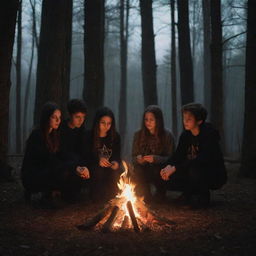 A bewitching pentagram next to a bonfire in a shadowy forest at night with three teenage boys and one teenage girl gathered around, full of mystic atmosphere.