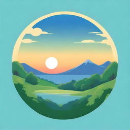 Create a circular logo in the style of Studio Ghibli, featuring naturalism themes with a blue sky and sunrise vibe