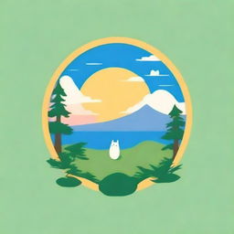 Create a circular logo in the style of Studio Ghibli, featuring naturalism themes with a blue sky and sunrise vibe