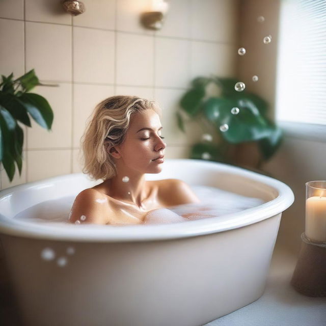 A serene scene featuring a blonde woman relaxing in a bathtub filled with bubbles