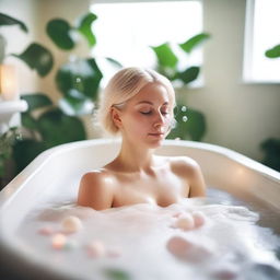 A serene scene featuring a blonde woman relaxing in a bathtub filled with bubbles