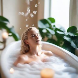 A serene scene featuring a blonde woman relaxing in a bathtub filled with bubbles