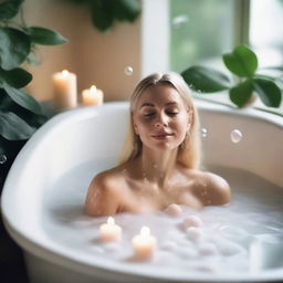 A serene scene featuring a blonde woman relaxing in a bathtub filled with bubbles