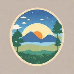 Create a circular logo with Studio Ghibli vibes, featuring naturalism themes with a blue sky and sunrise vibe