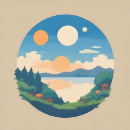 Create a circular logo with Studio Ghibli vibes, featuring naturalism themes with a blue sky and sunrise vibe