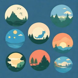 Create a circular logo with Studio Ghibli vibes, featuring naturalism themes with a blue sky and sunrise vibe