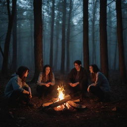 A bewitching pentagram next to a bonfire in a shadowy forest at night with three teenage boys and one teenage girl gathered around, full of mystic atmosphere.