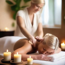 A serene scene of a blonde woman receiving a relaxing massage at a spa