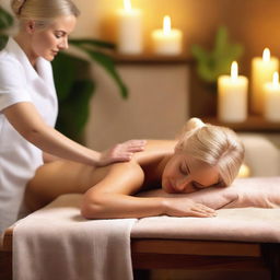 A serene scene of a blonde woman receiving a relaxing massage at a spa