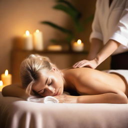 A serene scene of a blonde woman receiving a relaxing massage at a spa