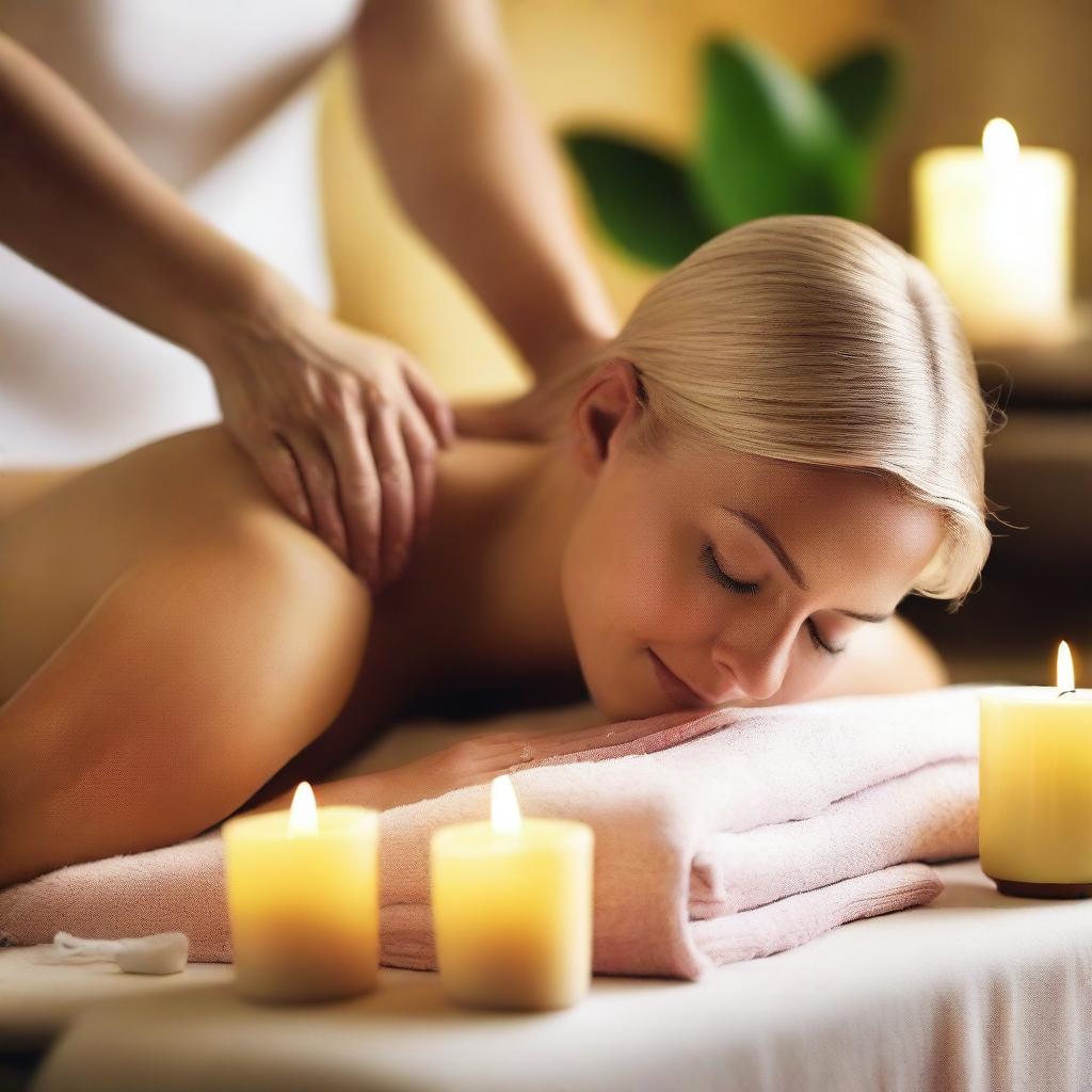 A serene scene of a blonde woman receiving a relaxing massage at a spa