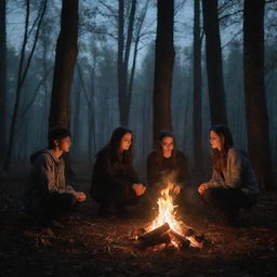 A bewitching pentagram next to a bonfire in a shadowy forest at night with three teenage boys and one teenage girl gathered around, full of mystic atmosphere.