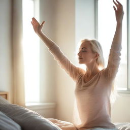 A blonde woman waking up in the morning, stretching her arms, and getting ready for work