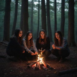 A bewitching pentagram next to a bonfire in a shadowy forest at night with three teenage boys and one teenage girl gathered around, full of mystic atmosphere.