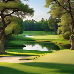 A beautiful golf course with lush green trees, designed by Matt Flynn