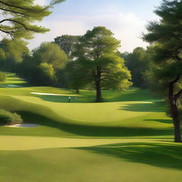 A beautiful golf course with lush green trees, designed by Matt Flynn