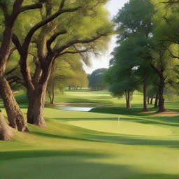 A beautiful golf course with lush green trees, designed by Matt Flynn