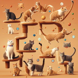 A fun-filled image featuring a number of cats corresponding to Tony's current points, with each cat playfully engaged in different activities.