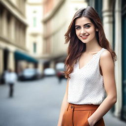 Create an image of an attractive young woman with a confident and stylish appearance