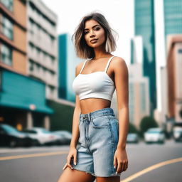 A stylish woman wearing a crop top, standing confidently