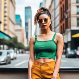 A stylish woman wearing a crop top, standing confidently