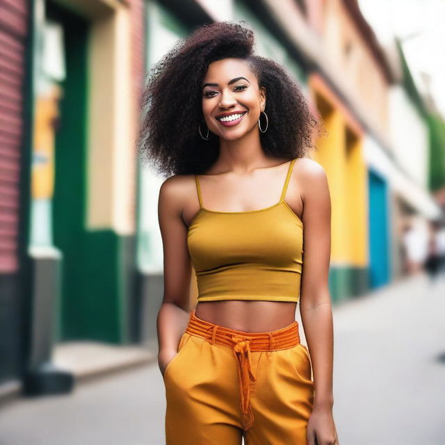 A beautiful woman wearing a stylish crop top, standing confidently