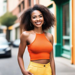 A beautiful woman wearing a stylish crop top, standing confidently