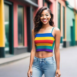 A beautiful woman wearing a stylish crop top, standing confidently