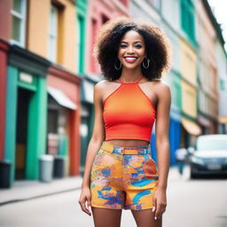 A beautiful woman wearing a stylish crop top, standing confidently