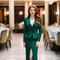 A redhead wearing formal clothes that are tight and slightly revealing