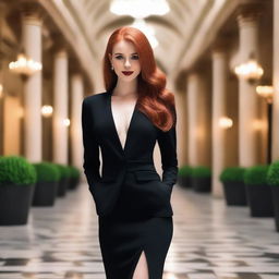 A redhead wearing formal clothes that are tight and slightly revealing