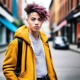 A stylish androgynous young person with a mix of feminine and masculine features, wearing trendy and fashionable clothing