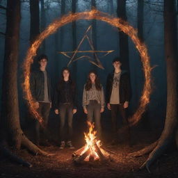 Four teenagers - three boys, one girl - alone in a nocturnal forest, circled around a supernatural, blazing pentagram and bonfire emitting an aura of witchery.