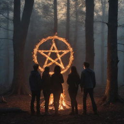 Four teenagers - three boys, one girl - alone in a nocturnal forest, circled around a supernatural, blazing pentagram and bonfire emitting an aura of witchery.