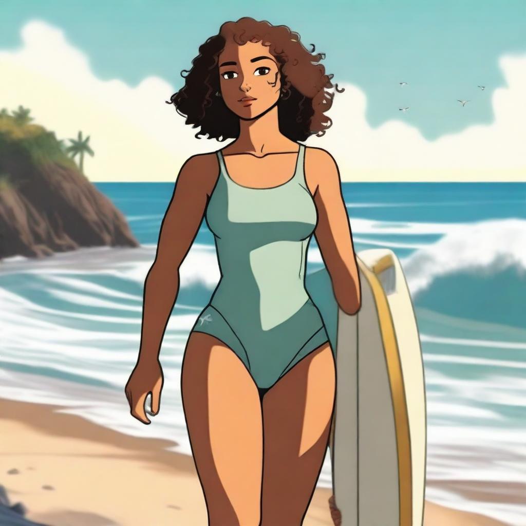 An animated-style image of a young woman with tanned skin and curly brown hair