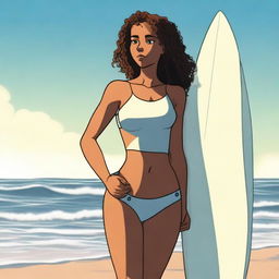 An animated-style image of a young woman with tanned skin and curly brown hair