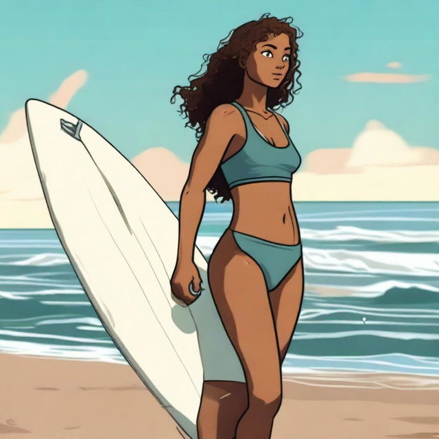 An animated-style image of a young woman with tanned skin and curly brown hair