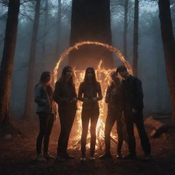 Four teenagers - three boys, one girl - alone in a nocturnal forest, circled around a supernatural, blazing pentagram and bonfire emitting an aura of witchery.