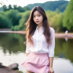 A young 18-year-old girl with long hair standing by a river, with the wind blowing through her hair