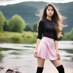 A young 18-year-old girl with long hair standing by a river, with the wind blowing through her hair