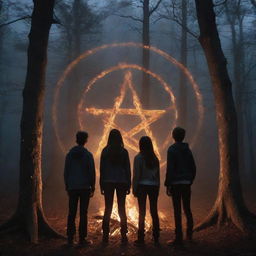 Four teenagers - three boys, one girl - alone in a nocturnal forest, circled around a supernatural, blazing pentagram and bonfire emitting an aura of witchery.