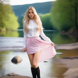 A young 18-year-old blond European girl with long hair standing by a river