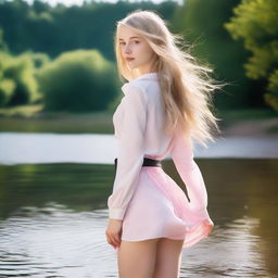 A small and skinny young 18-year-old blond European girl with long hair standing by a river