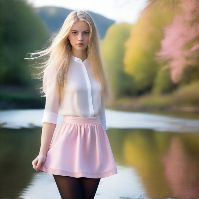 A small and skinny young 18-year-old blond European girl with long hair standing by a river